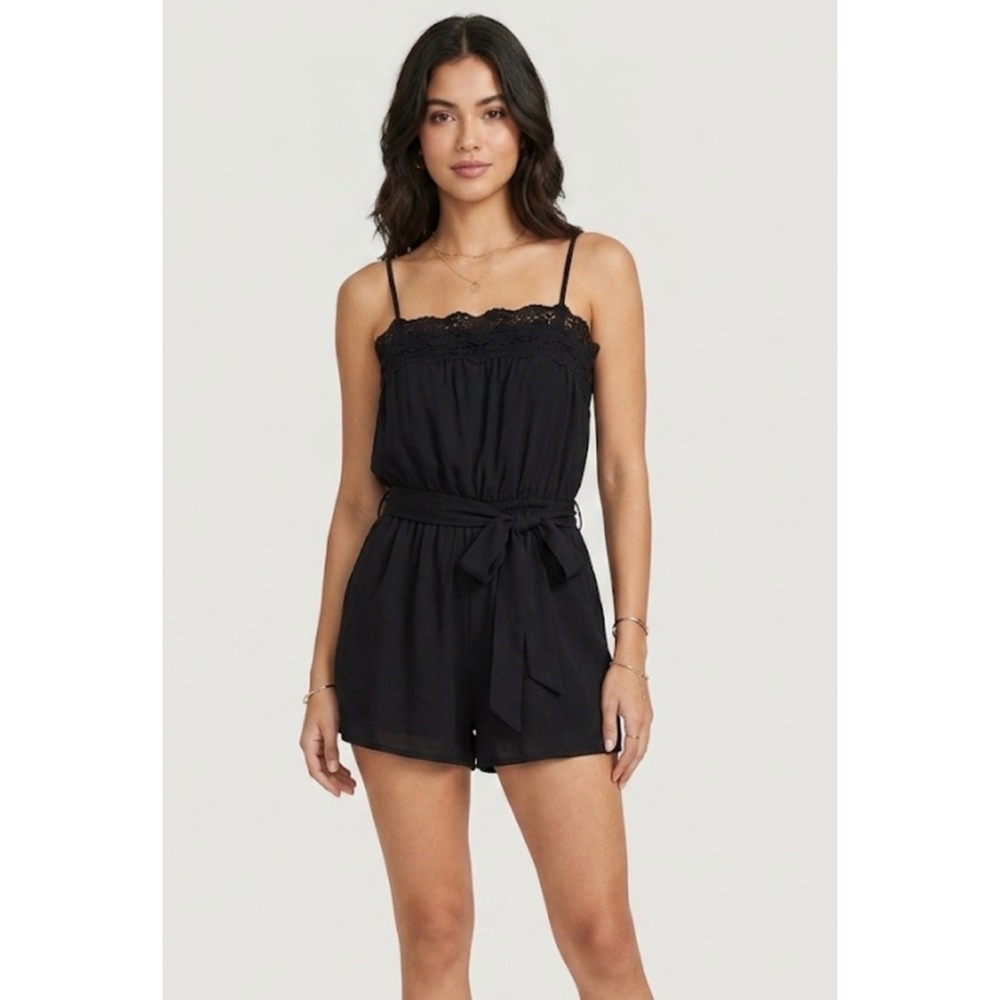 Olivaceous Black Cottagecore Lace Belted Romper Large